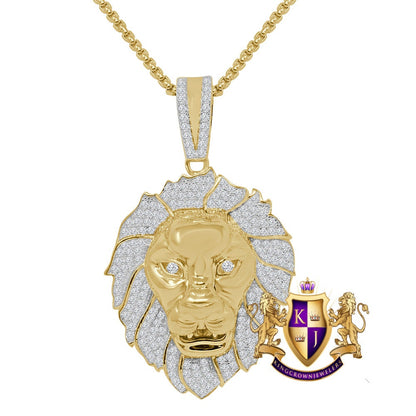 36+ Grams Genuine Real Sterling Silver 14K Gold Over 4.65 Cwt. Simulated Diamond Lion King Head Custom Pendant Charm + Free Chain Neckless
