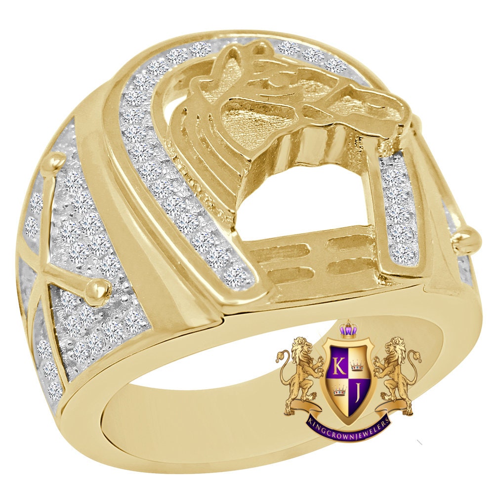 Men's Real Genuine Yellow Gold Sterling Silver Simulated Diamond Horseshoe Head Good Luck Ring Band