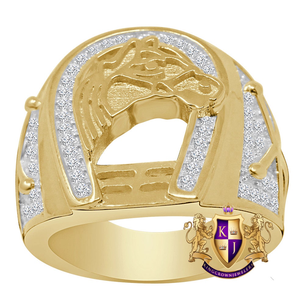 Men's Real Genuine Yellow Gold Sterling Silver Simulated Diamond Horseshoe Head Good Luck Ring Band