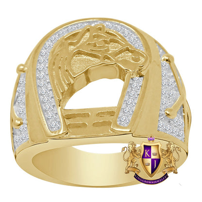 Men's Real Genuine Yellow Gold Sterling Silver Simulated Diamond Horseshoe Head Good Luck Ring Band