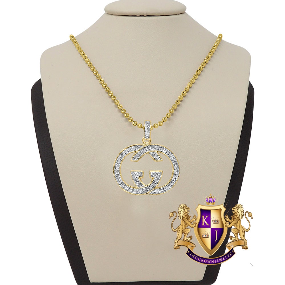 Real Genuine Diamond 10K Gold Over Custom Piece Interlock G Charm Pendent + Chain Unisex