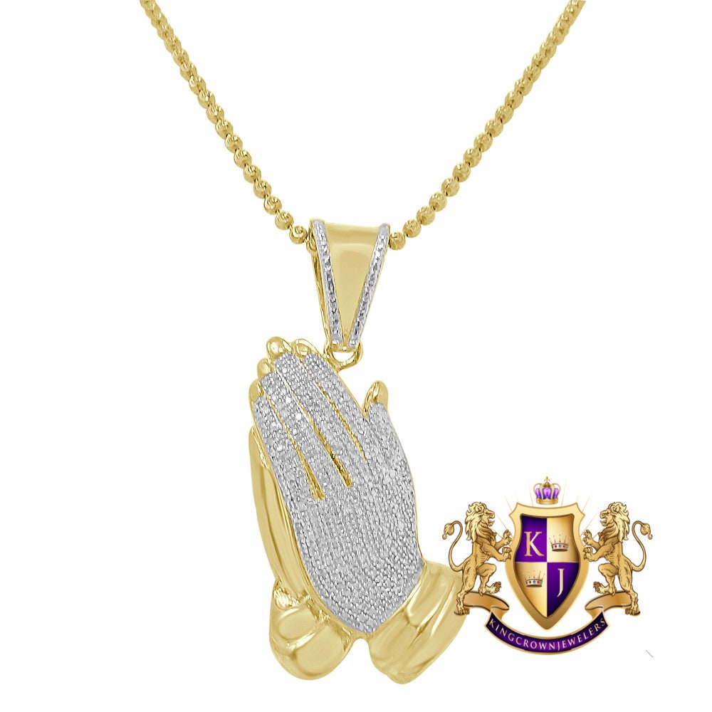 Real Genuine Authentic Diamond 0.50 Cwt. 10K Gold Over Praying Hands Religious Charm Pendent Chain Set