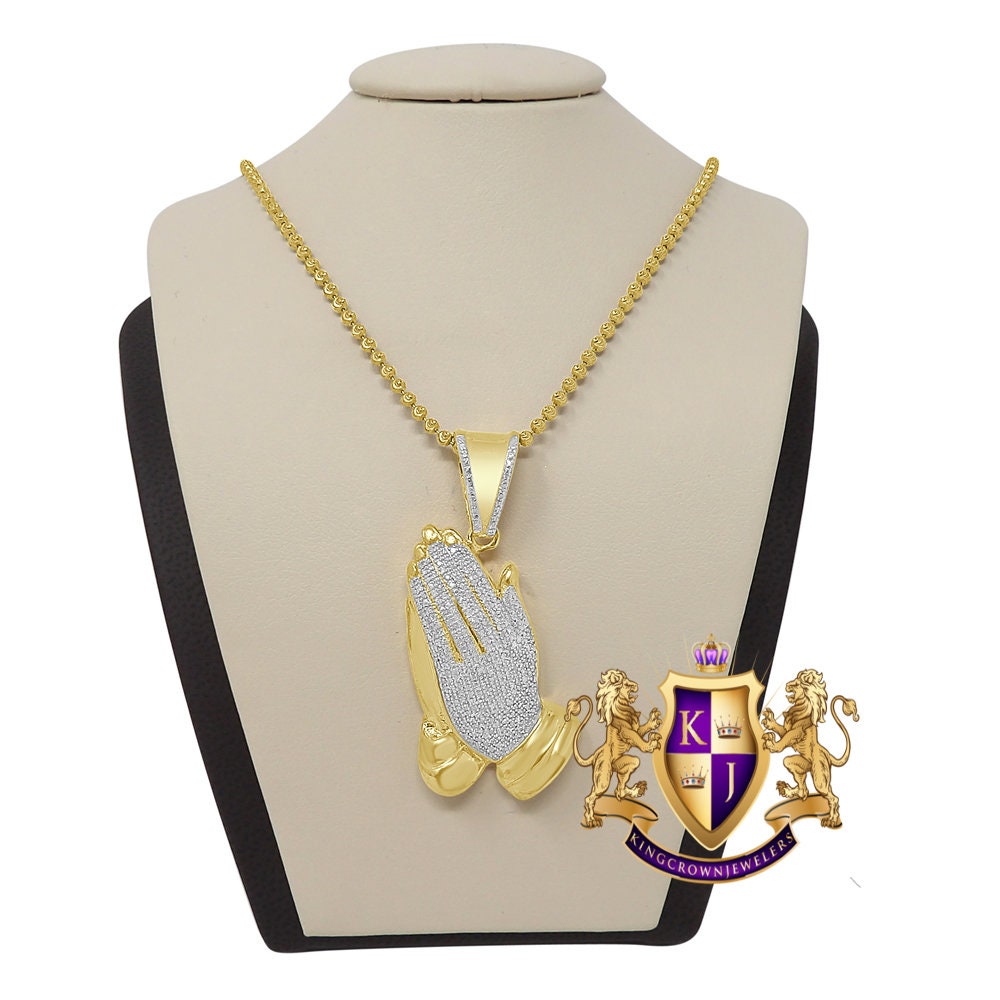 Real Genuine Authentic Diamond 0.50 Cwt. 10K Gold Over Praying Hands Religious Charm Pendent Chain Set