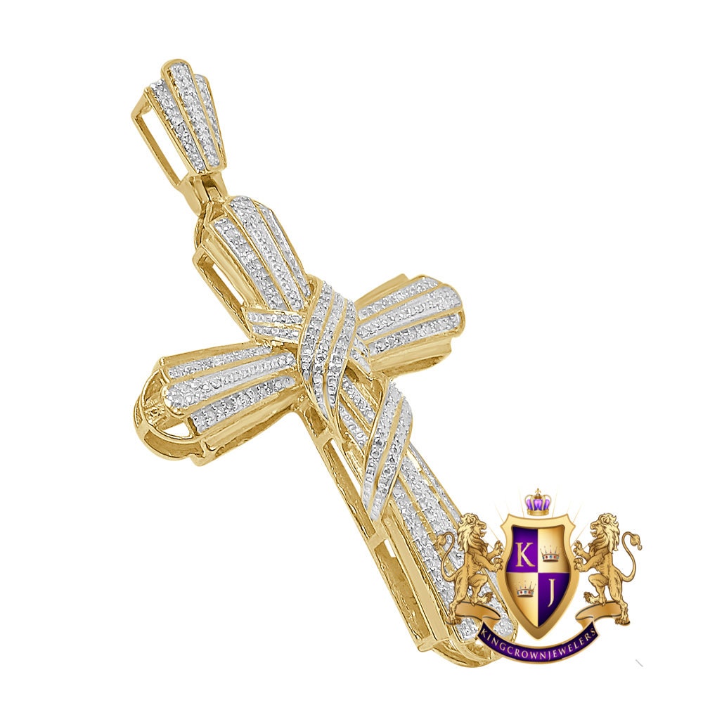 Real Genuine Authentic Diamond 0.40 Cwt. 12+ Grams Jesus Crist Holy Cross Religious Charm 10K Solid Gold Over Unisex Designer Pendant 2.5''