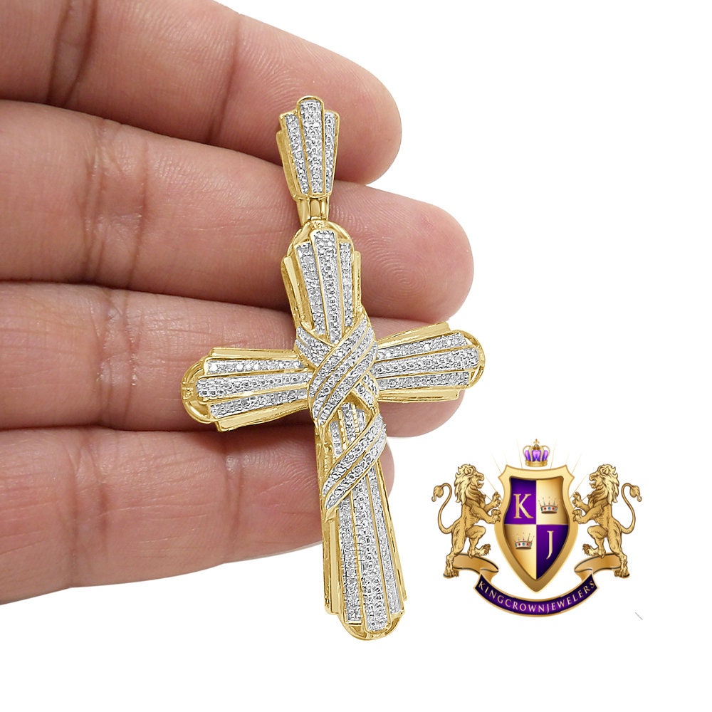 Real Genuine Authentic Diamond 0.40 Cwt. 12+ Grams Jesus Crist Holy Cross Religious Charm 10K Solid Gold Over Unisex Designer Pendant 2.5''