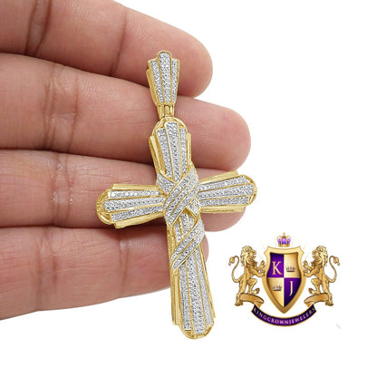 Real Genuine Authentic Diamond 0.40 Cwt. 12+ Grams Jesus Crist Holy Cross Religious Charm 10K Solid Gold Over Unisex Designer Pendant 2.5''