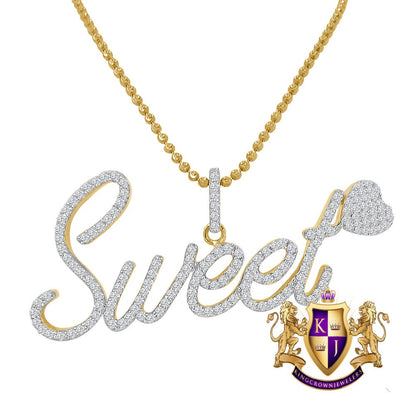Real Yellow Gold Sterling Silver Simulated Diamond "SWEET HEART" Custom Pendent Love Charm Chain Set