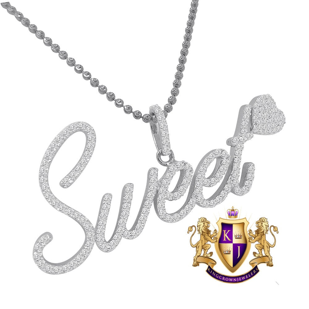 14K White Gold On Genuine Sterling Silver Simulated Diamond "SWEET HEART" Custom Pendent Love Charm Chain Set