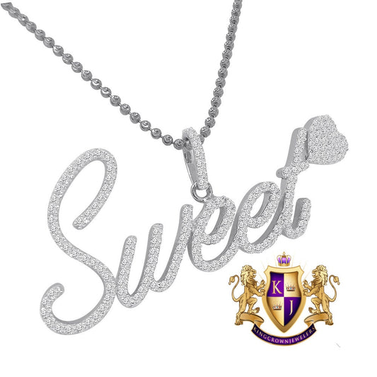 14K White Gold On Genuine Sterling Silver Simulated Diamond "SWEET HEART" Custom Pendent Love Charm Chain Set