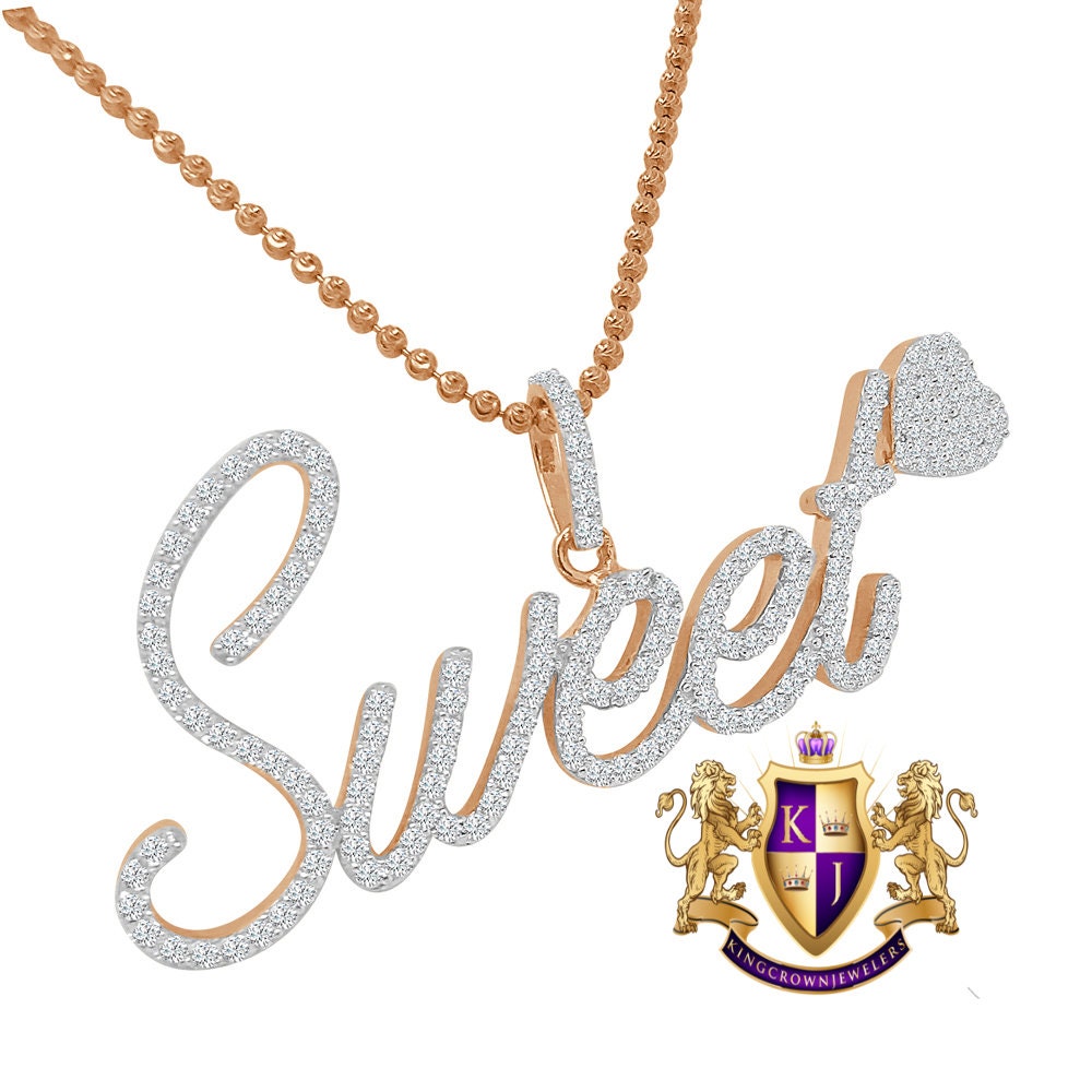14K Rose Gold On Genuine Sterling Silver Simulated Diamond "SWEET HEART" Custom Pendent Love Charm Chain Set