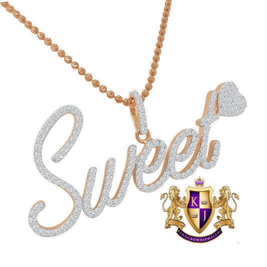 14K Rose Gold On Genuine Sterling Silver Simulated Diamond "SWEET HEART" Custom Pendent Love Charm Chain Set