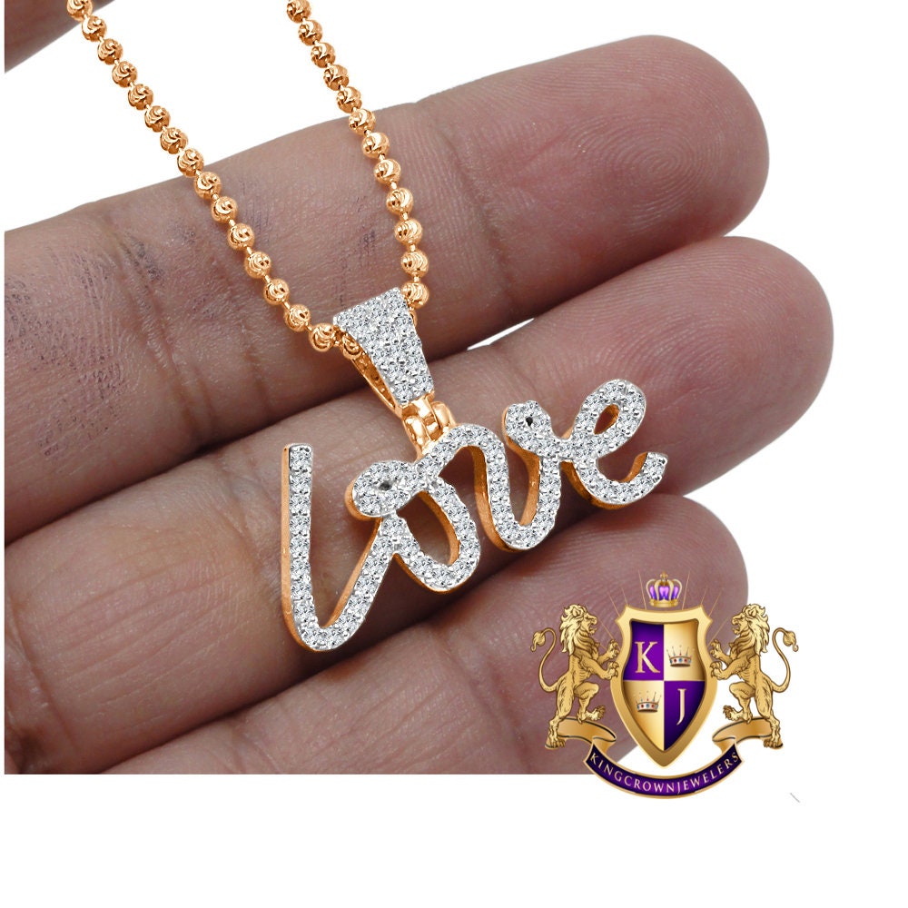 14K Rose Gold Over Real Sterling Silver Simulated Diamond "love" Script Pendent Charm Chain Set