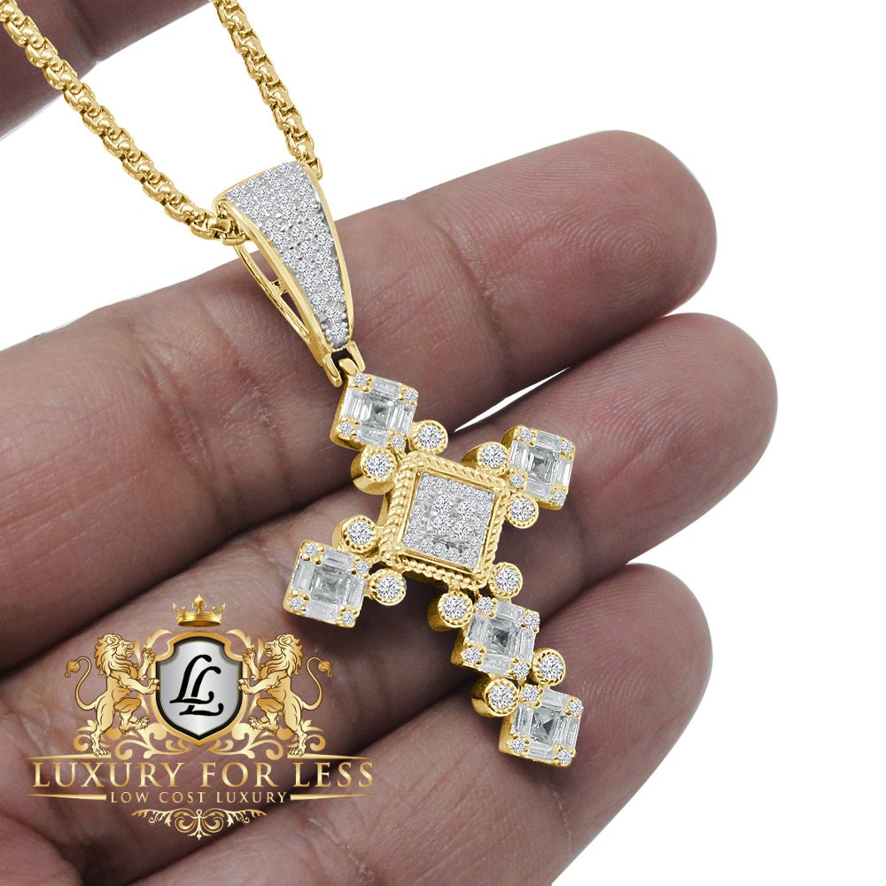 Authentic Genuine Sterling Silver Baguette/Round Cut Simulated Diamond Designer Jesus Cross Pendent Charm