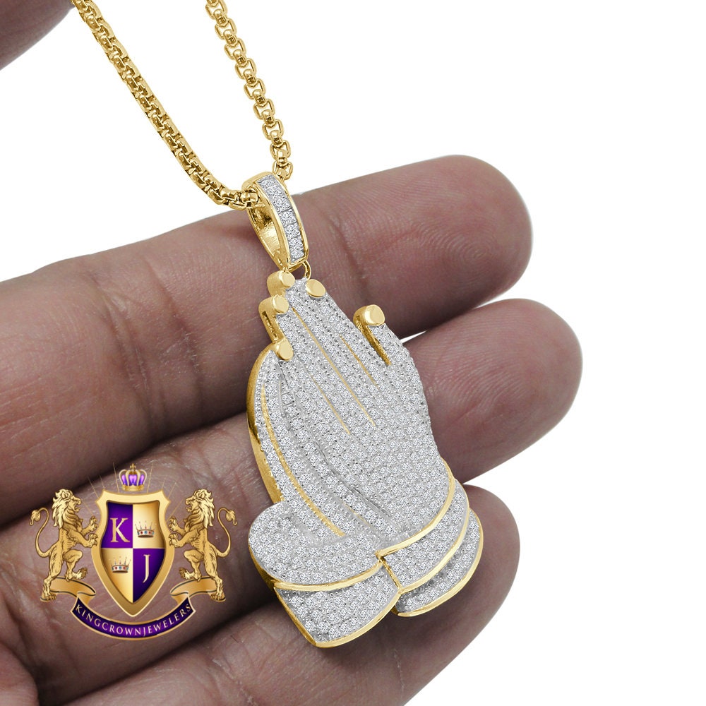 Real Genuine Sterling Silver Round Cut Simulated Diamond Praying Hands Religious Pendent Charm
