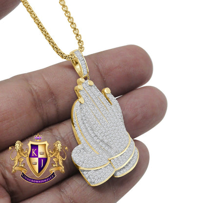 Real Genuine Sterling Silver Round Cut Simulated Diamond Praying Hands Religious Pendent Charm