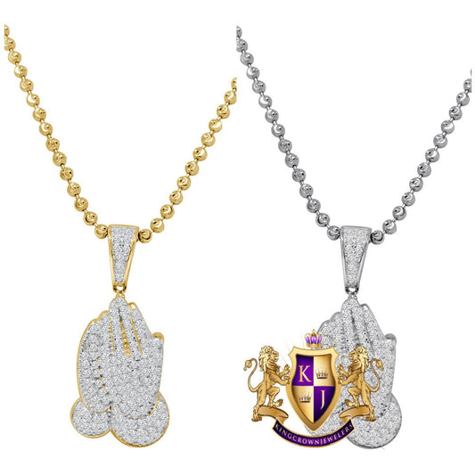 Unisex Real Genuine Sterling Silver Round Cut Simulated Diamond Praying Hands Mini Pendent Charm Chain Set