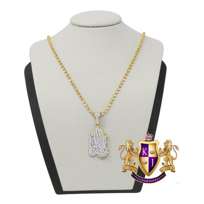 Unisex Real Genuine Sterling Silver Round Cut Simulated Diamond Praying Hands Mini Pendent Charm Chain Set