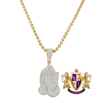 Unisex Real Genuine Sterling Silver Round Cut Simulated Diamond Praying Hands Mini Pendent Charm Chain Set