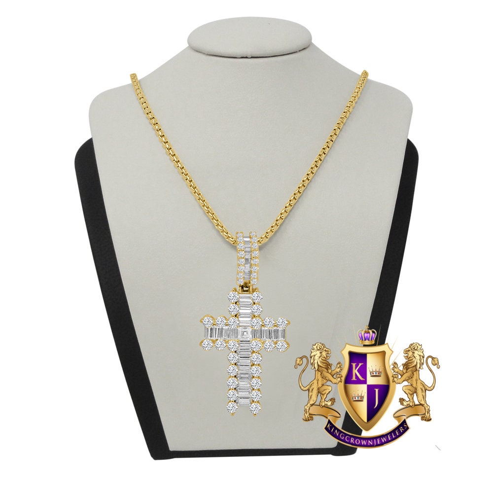 100% Real Sterling Silver 14K Gold Over Baguette Simulated Diamond Cross Custom Pendent Charm + Free Chain