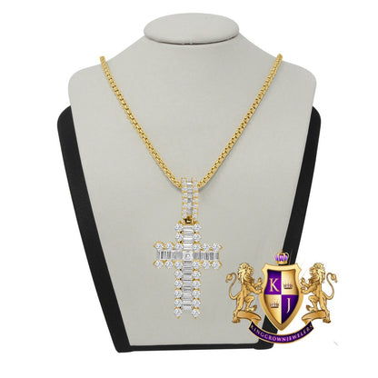 100% Real Sterling Silver 14K Gold Over Baguette Simulated Diamond Cross Custom Pendent Charm + Free Chain