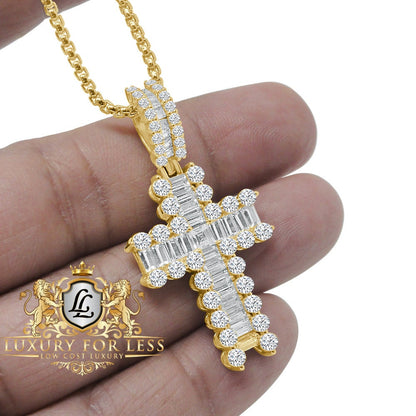 100% Real Sterling Silver 14K Gold Over Baguette Simulated Diamond Cross Custom Pendent Charm + Free Chain