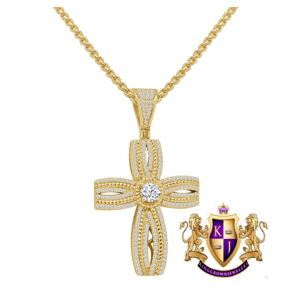 Pure Italian Sterling Silver Round Cut Simulated Diamond Designer Jesus Cross Pendent Charm + Free Chain