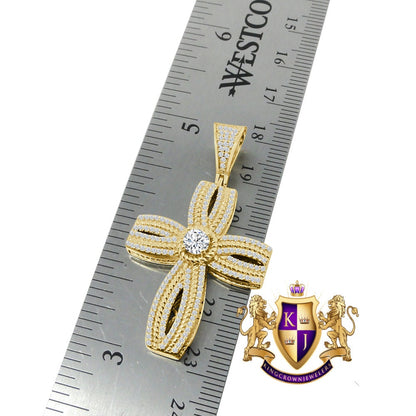 Pure Italian Sterling Silver Round Cut Simulated Diamond Designer Jesus Cross Pendent Charm + Free Chain