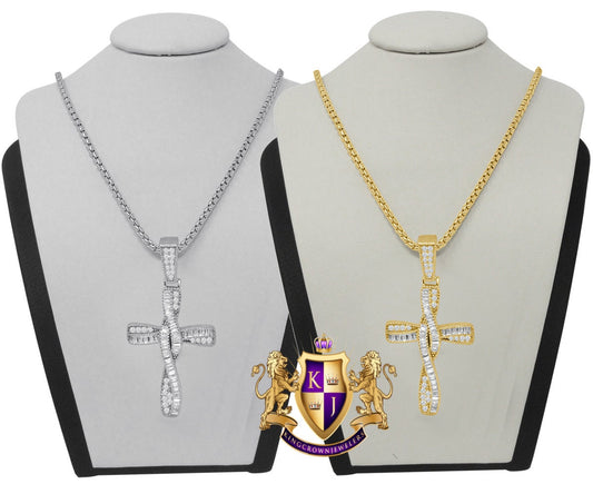 Round Cut/ Baguette Italian Sterling Silver Simulated Diamond Designer Jesus Cross Mini Pendent Charm + Free Chain