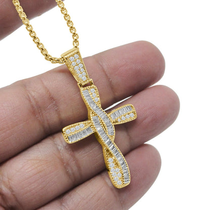 Round Cut/ Baguette Italian Sterling Silver Simulated Diamond Designer Jesus Cross Mini Pendent Charm + Free Chain