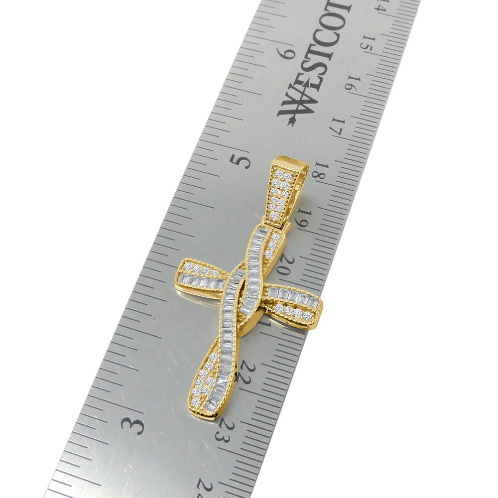 Round Cut/ Baguette Italian Sterling Silver Simulated Diamond Designer Jesus Cross Mini Pendent Charm + Free Chain