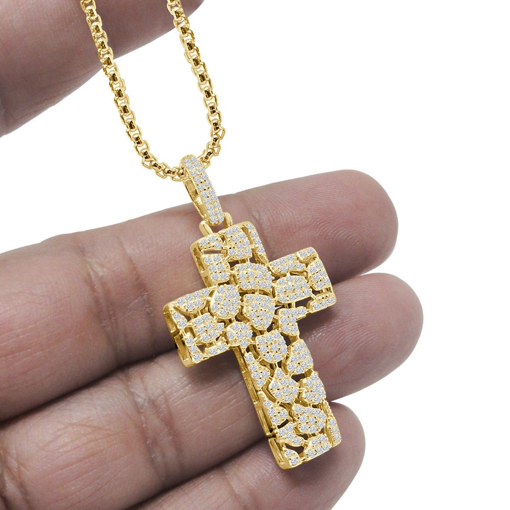 Men's Ladies Sterling Silver Simulated Diamond Designer Jesus Cross Mini Pendent Charm + Free Chain