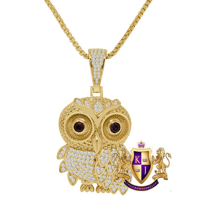 Custom Piece Men's 14K Gold Finish Simulated Diamond Owl Ruby Eye Pendent Charm Chain Set