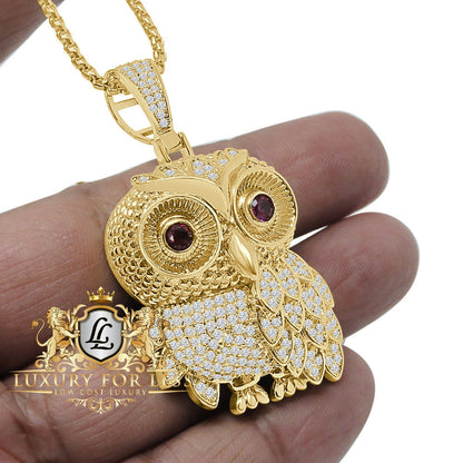 Custom Piece Men's 14K Gold Finish Simulated Diamond Owl Ruby Eye Pendent Charm Chain Set