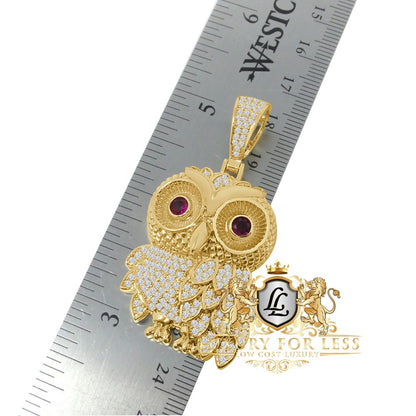 Custom Piece Men's 14K Gold Finish Simulated Diamond Owl Ruby Eye Pendent Charm Chain Set