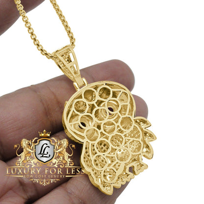Custom Piece Men's 14K Gold Finish Simulated Diamond Owl Ruby Eye Pendent Charm Chain Set