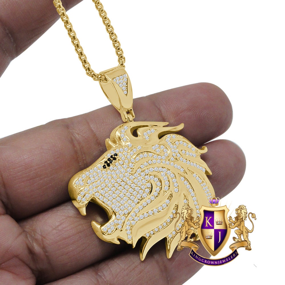 25+ Grams Men's Real Genuine Sterling Sliver 14K White Gold Over 2.25 Cwt. Simulated Diamond Lion King Face Pendant Charm Chain Neckless Set
