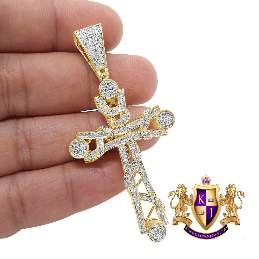 Real Genuine Authentic Diamond 0.40 Cwt. 10K Gold Over Jesus Cross Religious Charm Designer Pendent 2.75''