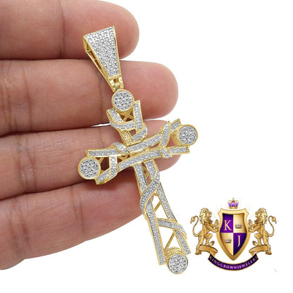 Real Genuine Authentic Diamond 0.40 Cwt. 10K Gold Over Jesus Cross Religious Charm Designer Pendent 2.75''