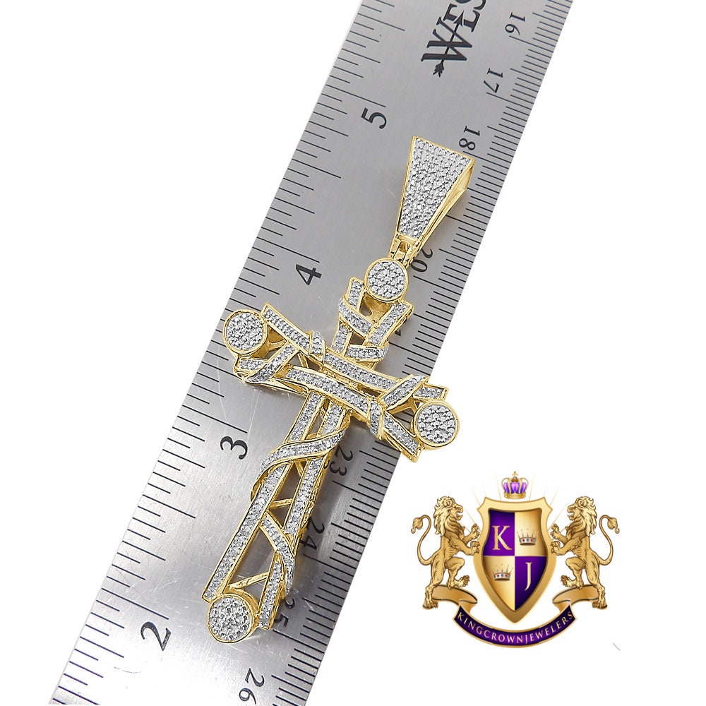 Real Genuine Authentic Diamond 0.40 Cwt. 10K Gold Over Jesus Cross Religious Charm Designer Pendent 2.75''