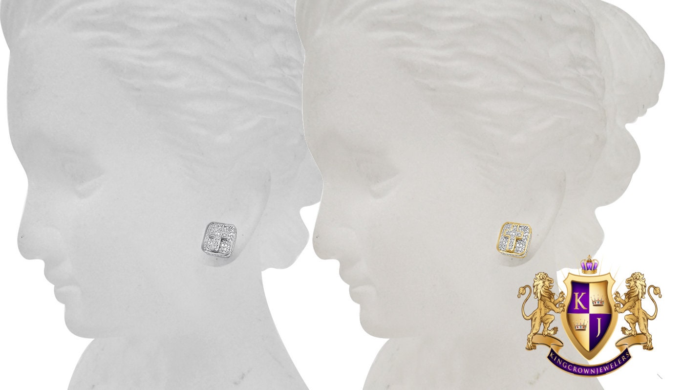 Real Genuine Diamond 0.25 Cwt. 10K Gold Finish Small Square Cross 7 mm Screw Back Stud Earrings