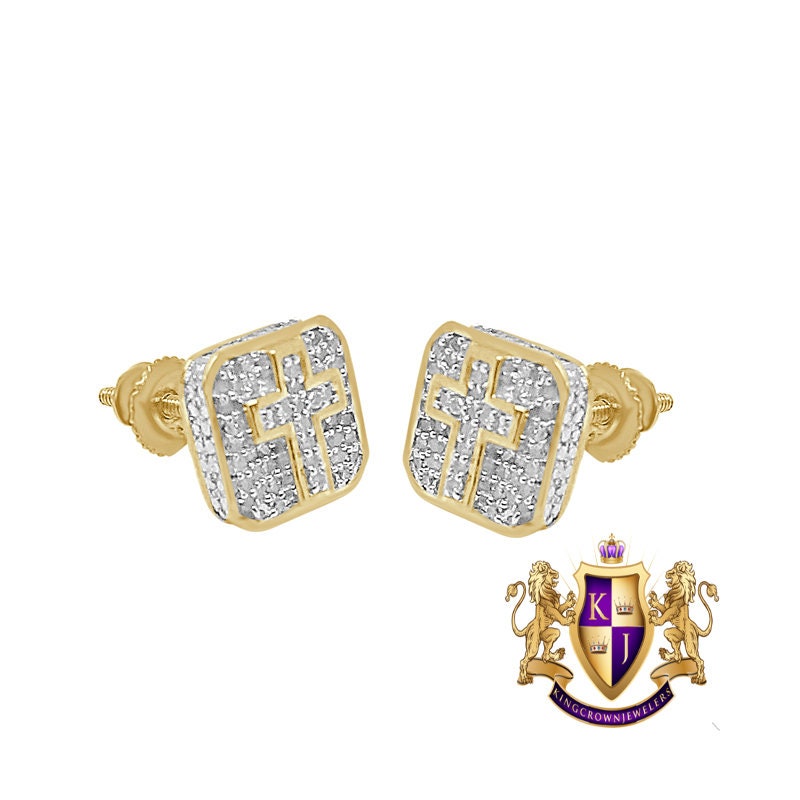 Real Genuine Diamond 0.25 Cwt. 10K Gold Finish Small Square Cross 7 mm Screw Back Stud Earrings