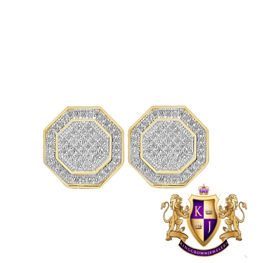 Unisex Real Genuine Authentic Diamond 0.33 Cwt. 10K Gold Finish 11 mm Screw Back 3D Stud Earrings