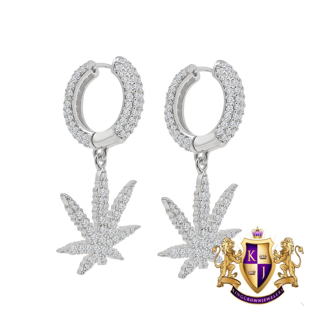Pure Italian Sterling Silver 14K Gold Over Simulated Diamond Marijuana Leaf Plant  Hoop Stud Earrings Unisex