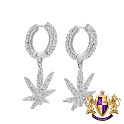 Pure Italian Sterling Silver 14K Gold Over Simulated Diamond Marijuana Leaf Plant  Hoop Stud Earrings Unisex