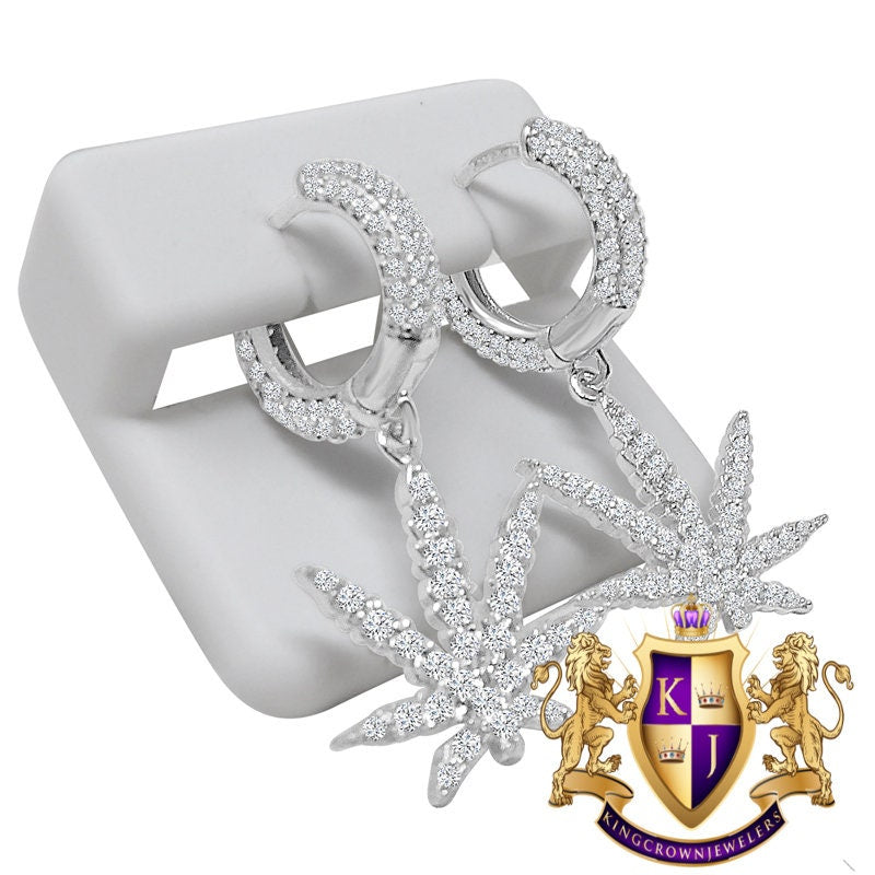 Pure Italian Sterling Silver 14K Gold Over Simulated Diamond Marijuana Leaf Plant  Hoop Stud Earrings Unisex