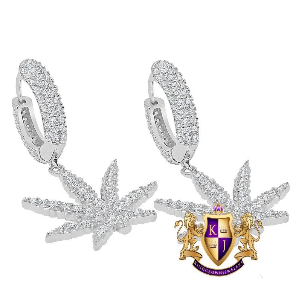 Pure Italian Sterling Silver 14K Gold Over Simulated Diamond Marijuana Leaf Plant  Hoop Stud Earrings Unisex