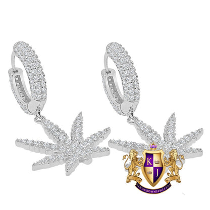 Pure Italian Sterling Silver 14K Gold Over Simulated Diamond Marijuana Leaf Plant  Hoop Stud Earrings Unisex