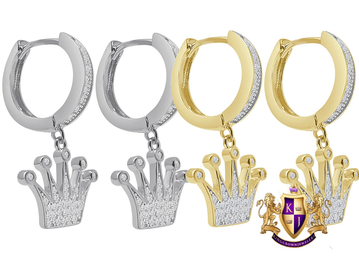 Pure Italian Sterling Silver 14K Gold Over Simulated Diamond Kings Crown Hoop Stud Earrings Unisex