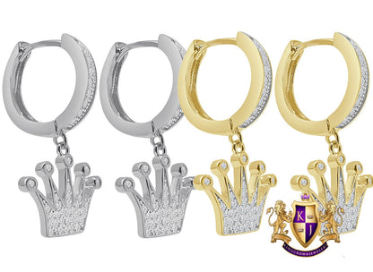 Pure Italian Sterling Silver 14K Gold Over Simulated Diamond Kings Crown Hoop Stud Earrings Unisex