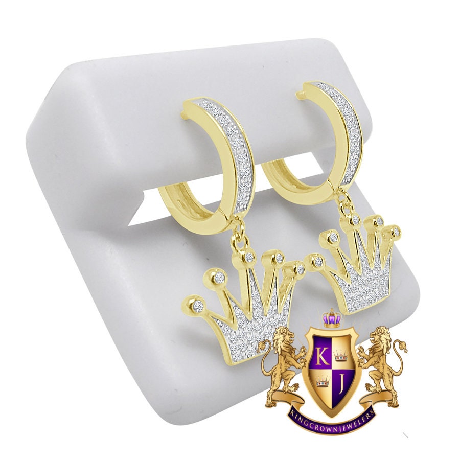 Pure Italian Sterling Silver 14K Gold Over Simulated Diamond Kings Crown Hoop Stud Earrings Unisex